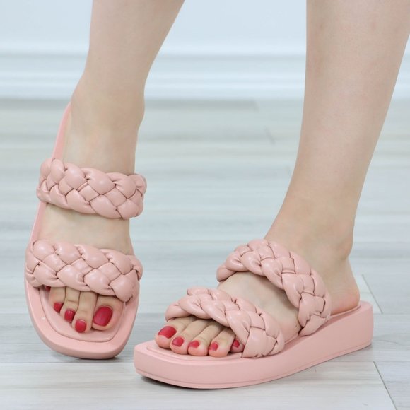 Shoes - Pink Flat Slip On Sandals Faux Leather Braided Straps Sliders